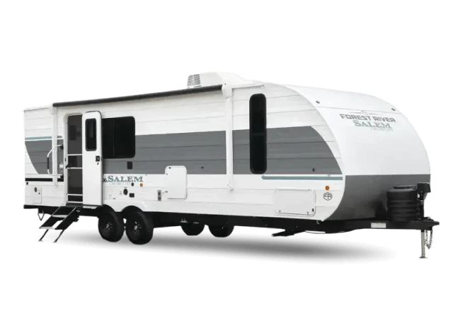Front three-quarter view of a white and gray Forest River Salem Cruise Lite