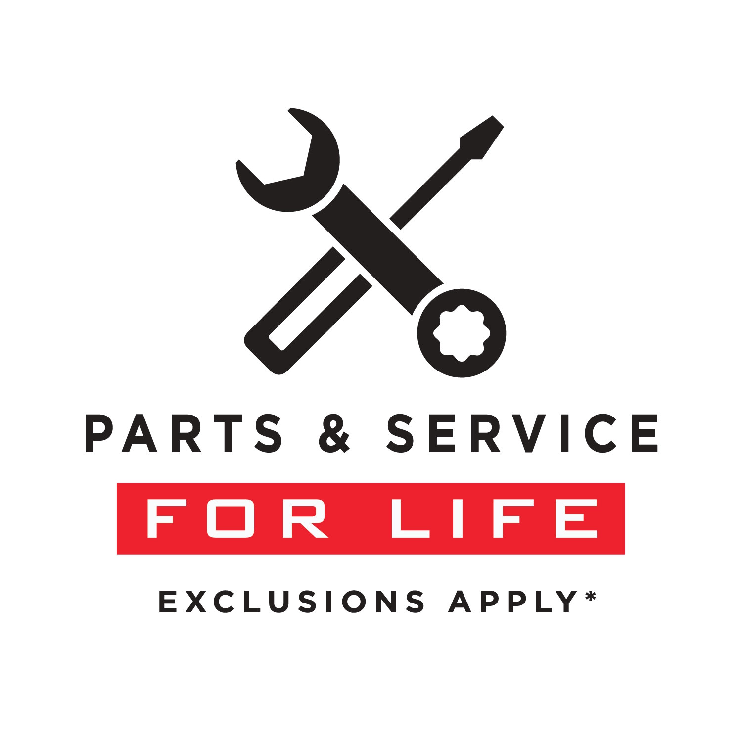 Crossed wrench and screwdriver icon above PARTS & SERVICE and red FOR LIFE banner with Exclusions Apply disclaimer, Priorities for Life benefit badge.