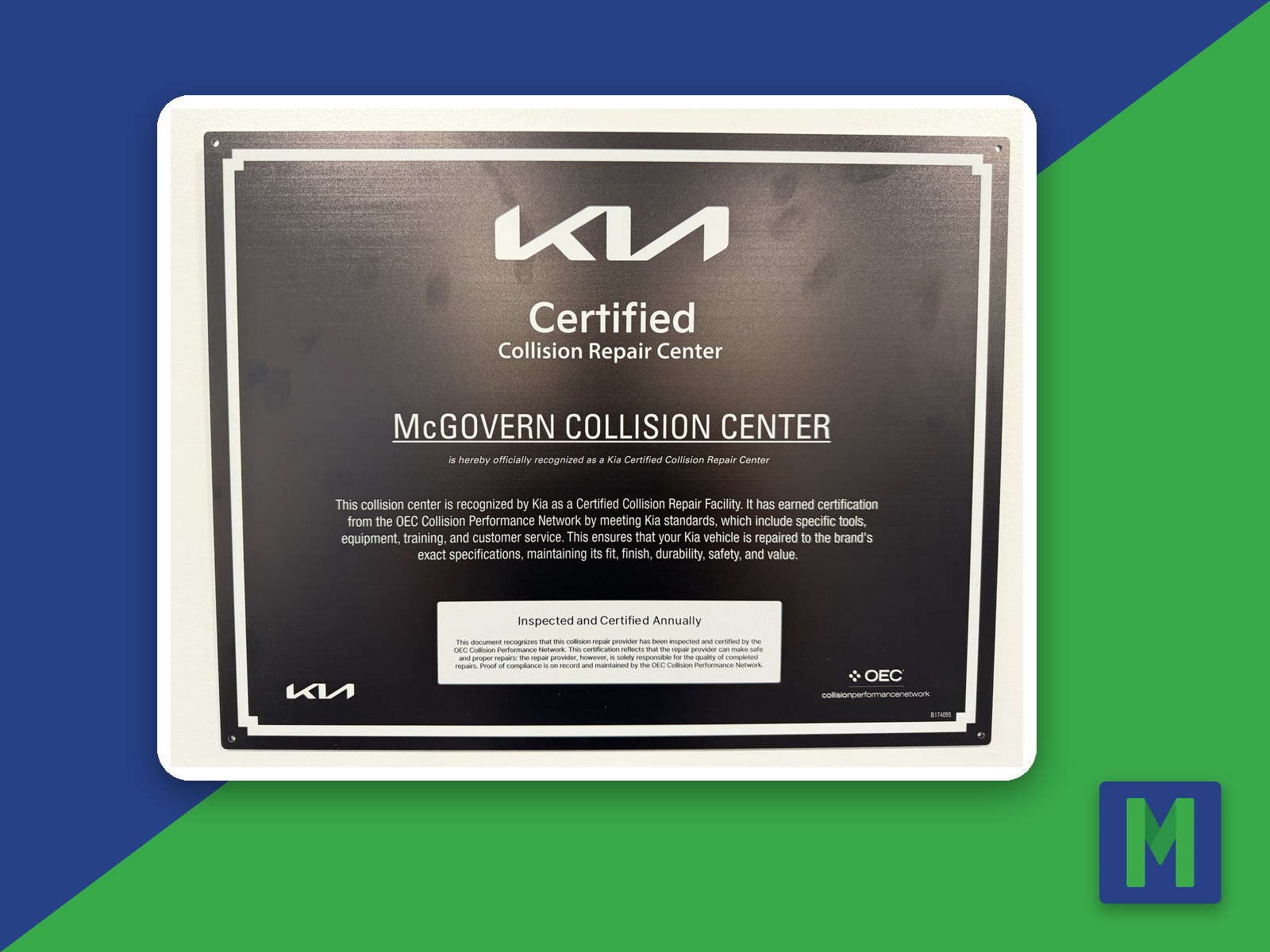 Kia certification plaque at McGovern Collision Center in Shrewsbury, MA