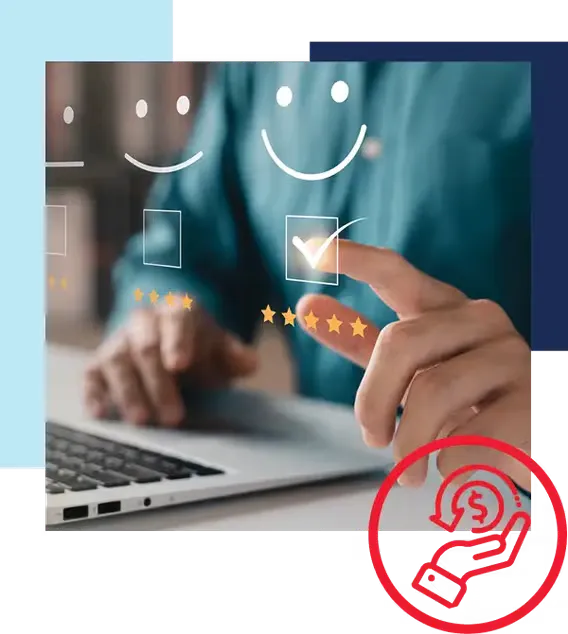 Get more money for your existing vehicle when you sell or trade it to Holiday. Person looking at reviews online and checks the box for 5 star happy review. Red icon of hand that is palm up with dollar sign above it and arrow arching back towards the hand.