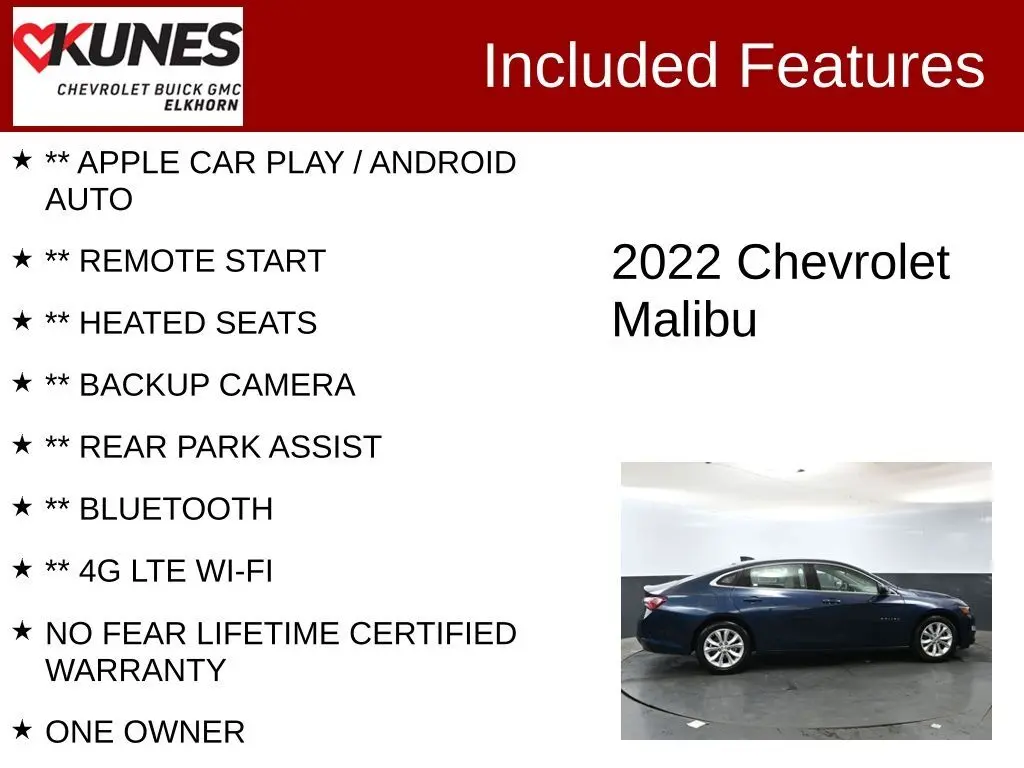 Used 2022 Chevrolet Malibu 1LT with VIN 1G1ZD5ST7NF116616 for sale in Elkhorn, WI