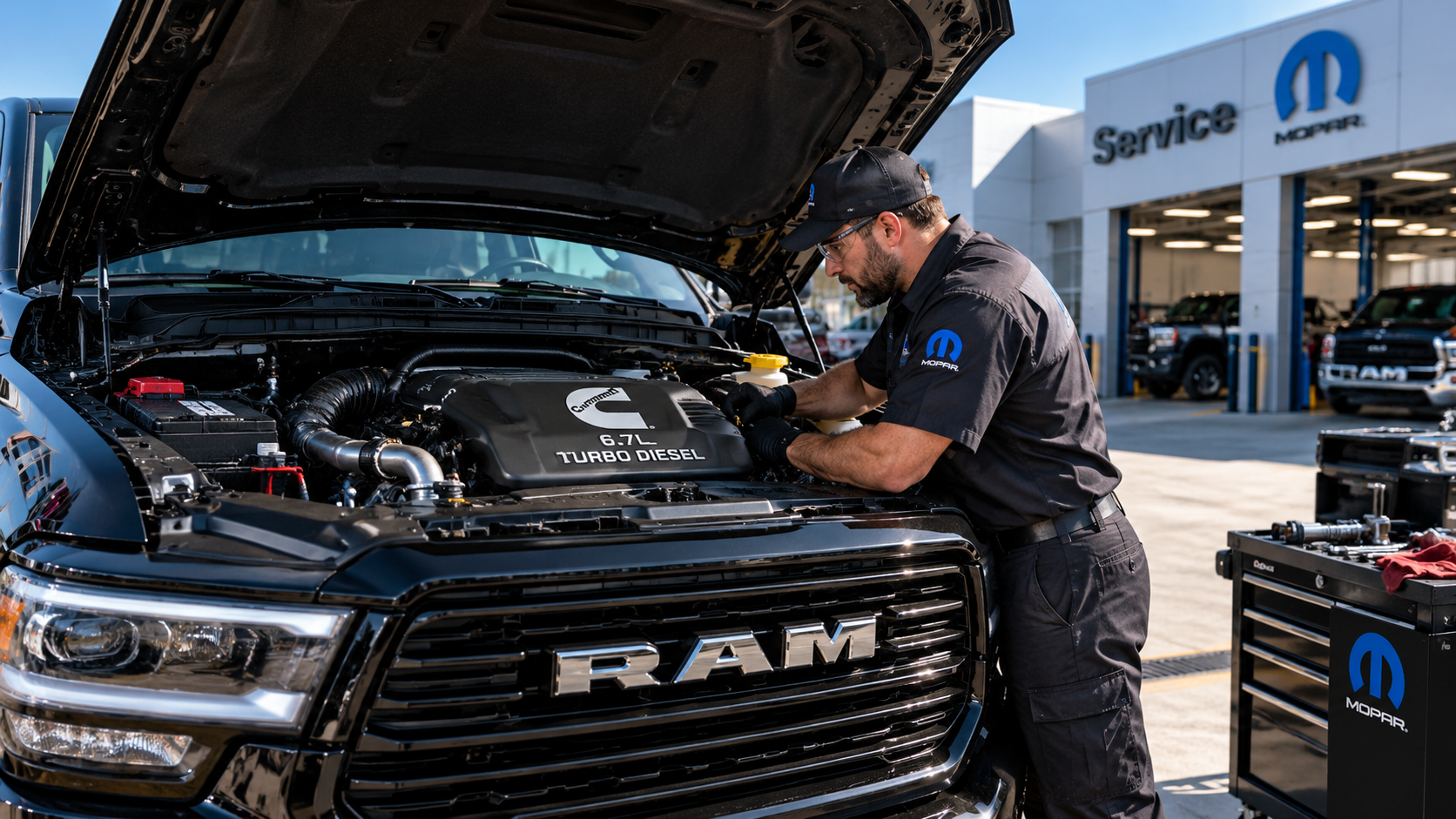 Technician inspecting a Cummins-powered RAM heavy-duty truck for diesel power loss and performance concerns at Bonham Chrysler