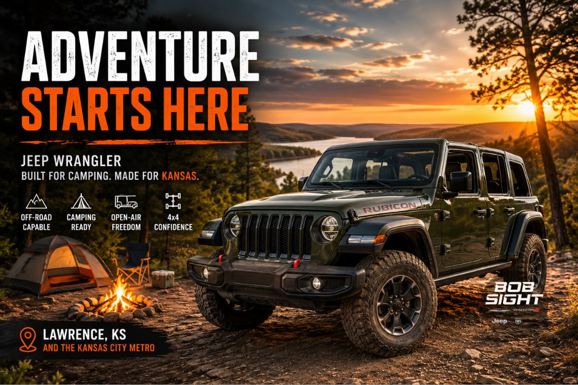 Jeep Wrangler in Lawrence KS with features for camping outdoor travel and weekend adventures