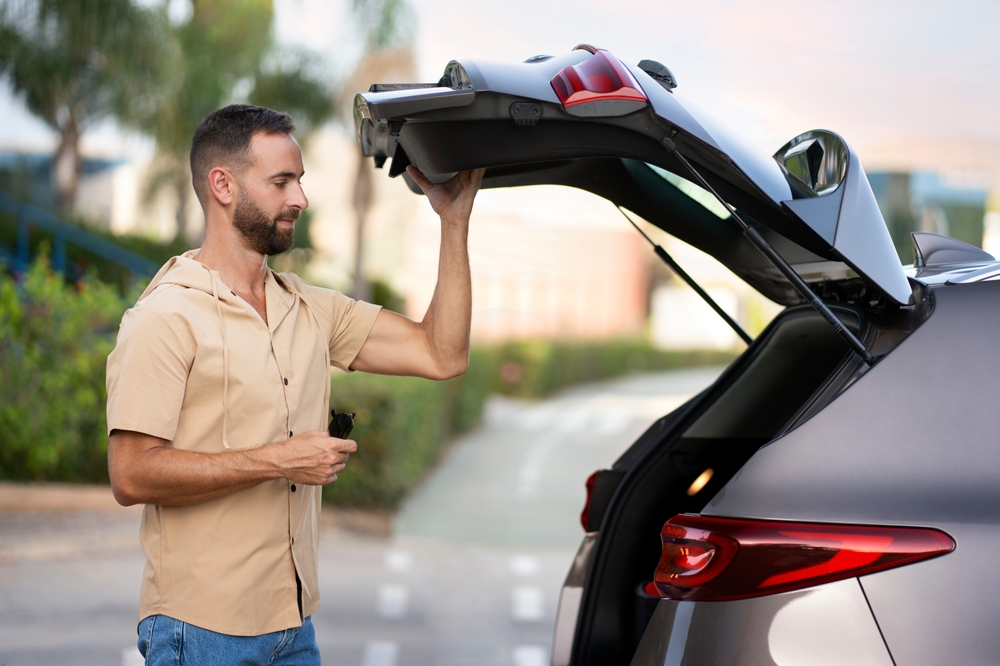 man closing trunk on his gray hatchback vehicle