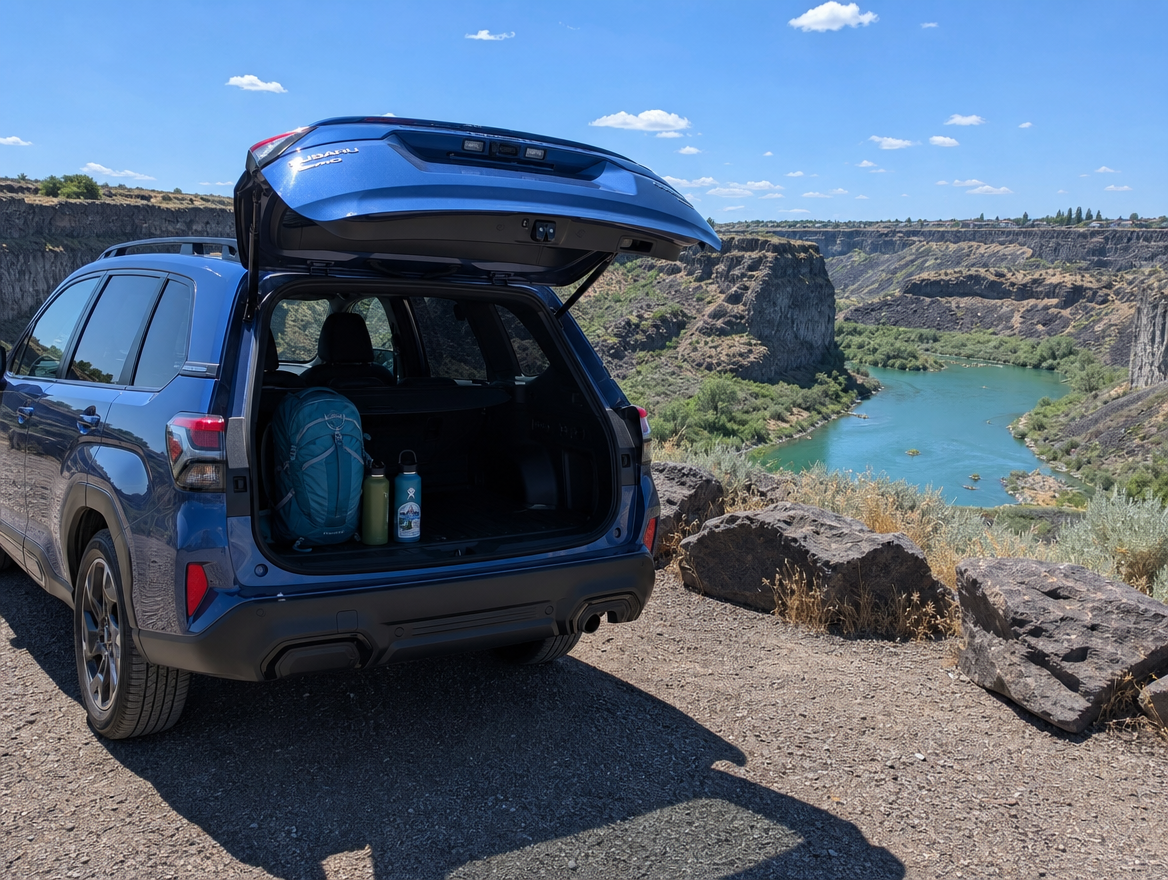2026 Subaru Forester at Thousand Springs State Park canyon overlook, southern Idaho summer day trip