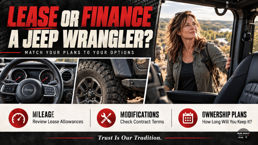 Jeep Wrangler lease versus finance comparison graphic highlighting mileage, modifications, and ownership plans for Lawrence, KS shoppers