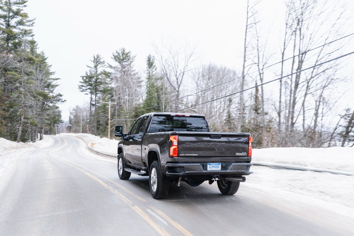 2020 Chevrolet Silverado 2500HD Exterior Driver Side Rear Angle in Winter
