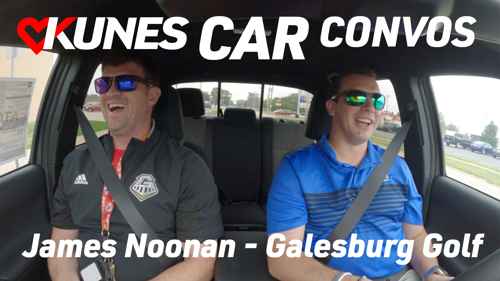 Pictured: James Noonan, head golf coach for Galesburg High School and Blake Pelland, General Manager at Kunes Toyota of Galesburg, driving in a 2023 Toyota Tacoma TRD Sport V6; Text reads: Kunes Car Convos, James Noonan - Galesburg Golf