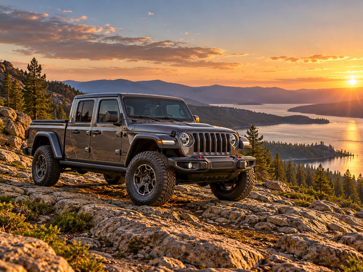 Jeep Gladiator on rocky terrain at sunset with mountain and lake views