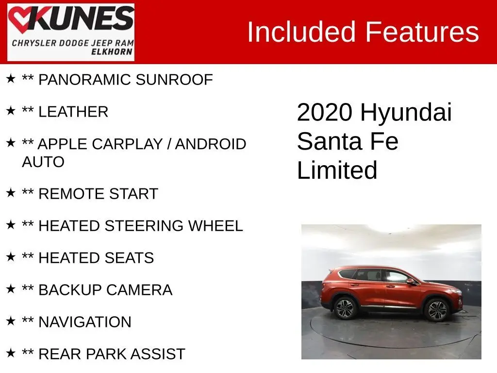 Used 2020 Hyundai Santa Fe Limited with VIN 5NMS5CAA5LH152394 for sale in Elkhorn, WI