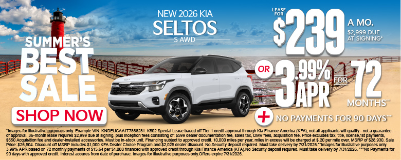 NEW 2026 Kia Seltos S AWD	"LEASE FOR $239/MONTHS with $2,999 due at signing* OR 3.99% APR for 72 months** PLUS, NO PAYMENTS FOR 90 DAYS***"