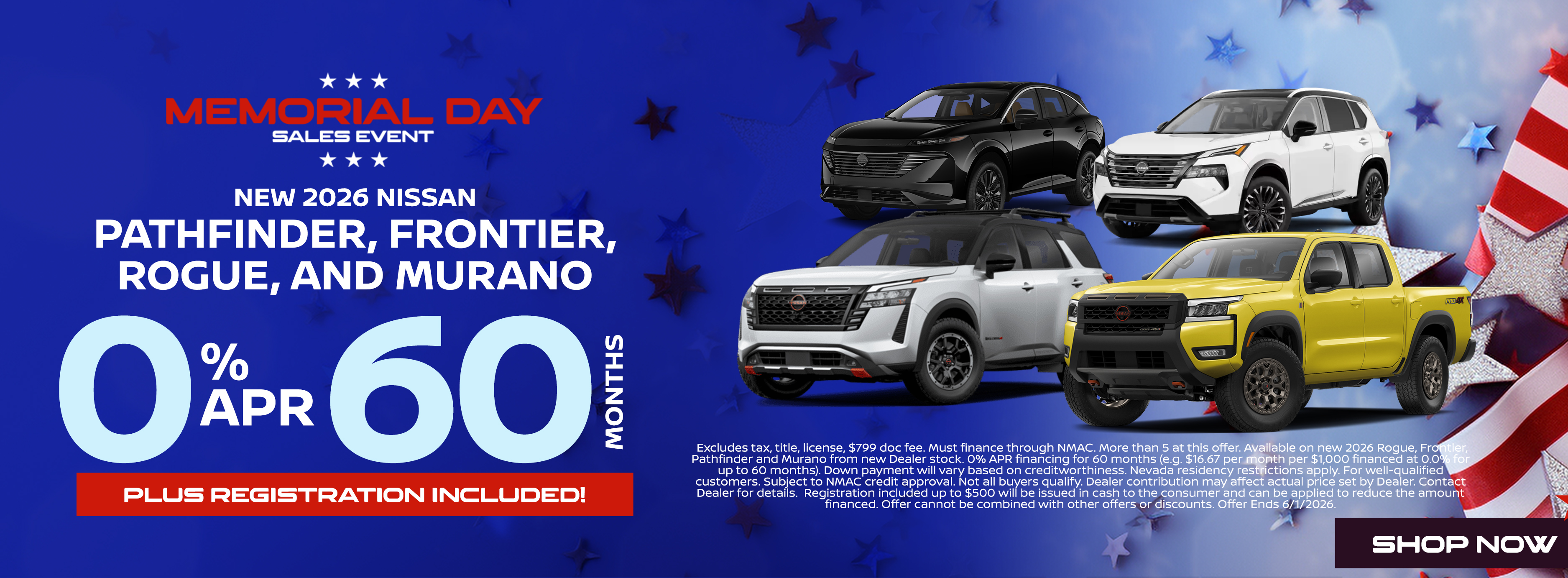 New 2026 Nissan Pathfinder, Frontier, Rogue, and Murano:0% APR for 60 Months