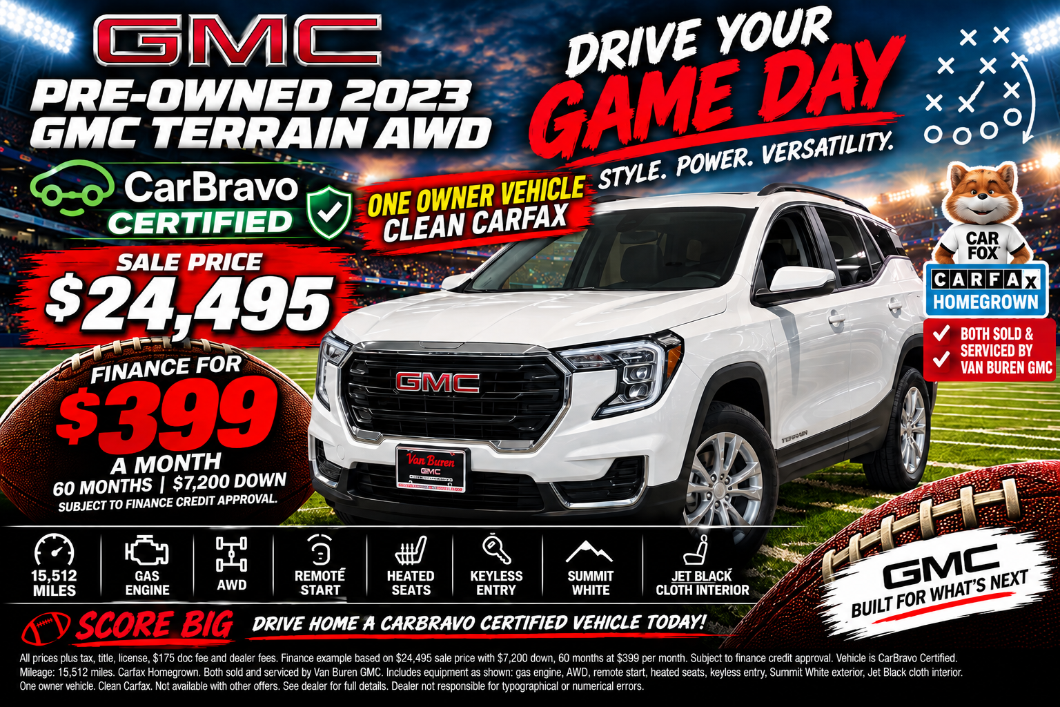 Advertisement for a red 2026 GMC Acadia Elevation AWD, stock #260288: leased for $575 a month for 36 months at 7,500 miles a year, MSRP $54,070, with Premium package, 22-inch black rims, and Black Edition trim, no termination fee at maturity, from Van Buren GMC