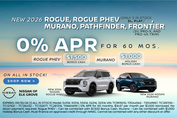ROGUE, ROGUE PHEV, MURANO, PATHFINDER, FRONTIER 0%APR for 60 mos.