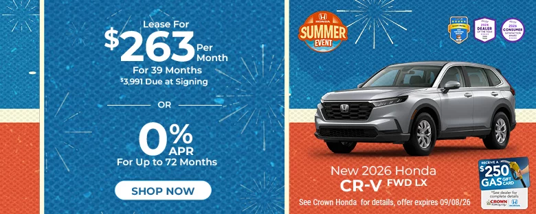 New 2026 Honda CR-V FWD LX SUV Lease For $263 Per Month For 39 Months $3,991 Due At Signing Or 0% APR For Up To 72 Months