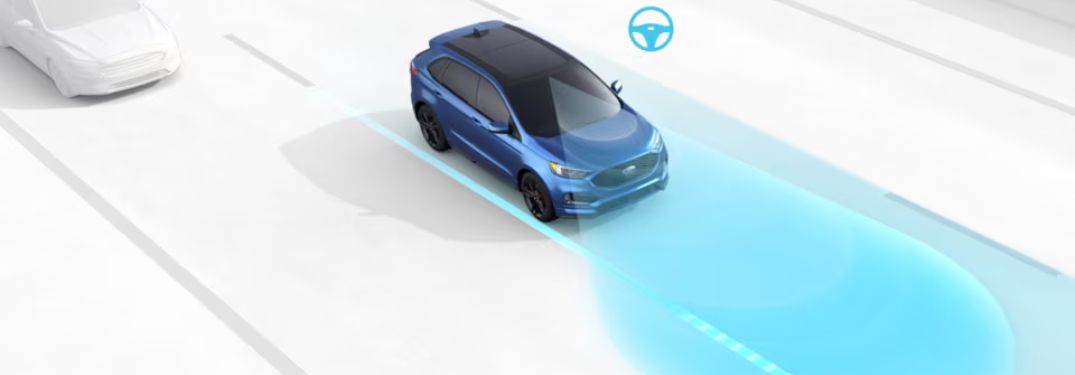 Graphic of Blue Ford Edge on a White Highway with Blue Lane Centering Area Around the Vehicle