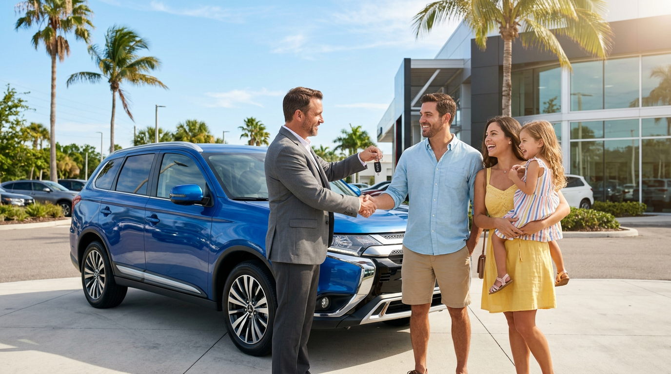 Car dealer shaking hands with a man and handing over keys next to his smiling family and a blue SUV. (Representative image for illustration purposes only. Actual vehicle may vary based on trim and configuration.)