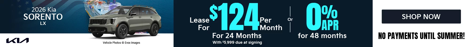 2026 Kia Sorento LX Lease for $124 per month with $5,999 due at signing Or 0.0% APR for 48 months