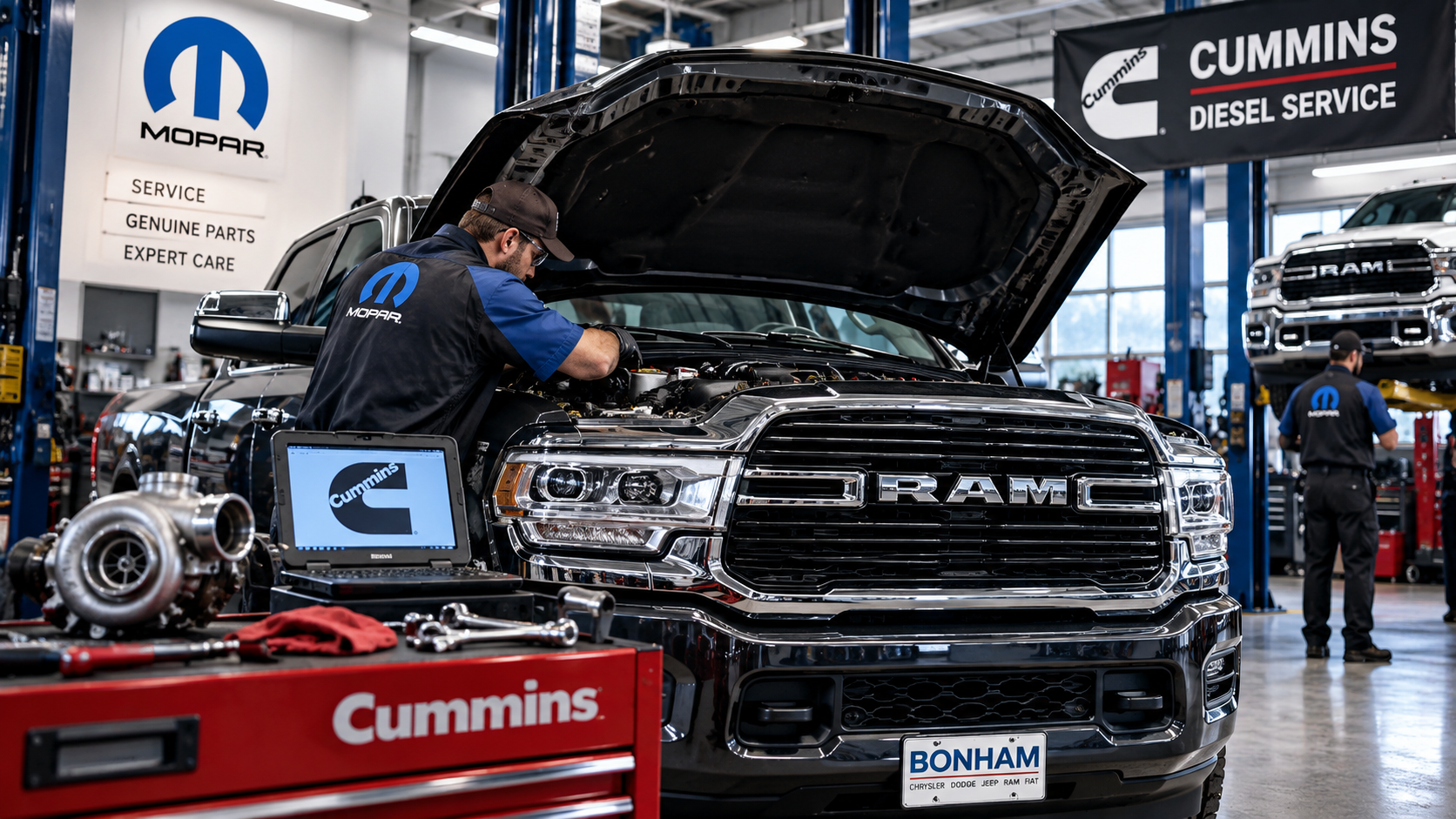 RAM heavy-duty diesel truck receiving an oil change and routine maintenance at Bonham Chrysler in Bonham, TX