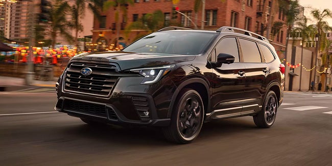 Black 2023 Subaru Ascent parked on a tree-lined street