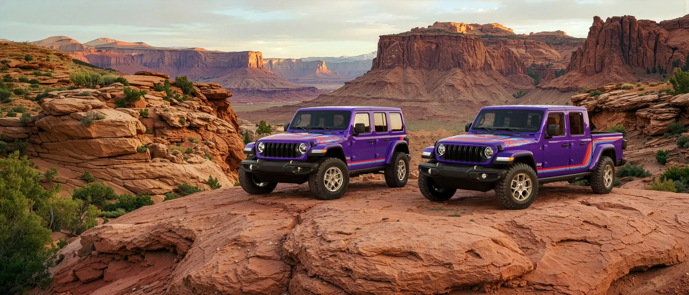 2026 Purple Jeep Wrangler Unlimited with Rewind special-edition graphics parked on red rock canyon terrain at sunset, with a matching purple pickup truck beside it