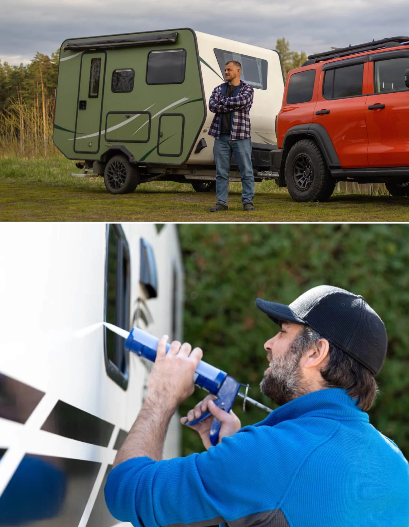 A man folds his arms while standing outside a small camper trailer. A close-up of a man caulking the windows of a camper trailer.
