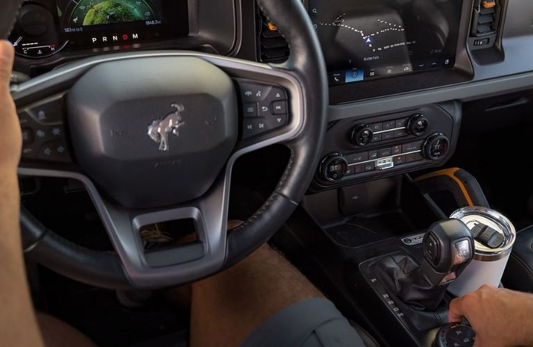 Close Up of 2024 Ford Bronco Steering Wheel, Touchscreen and Center Console Shifter