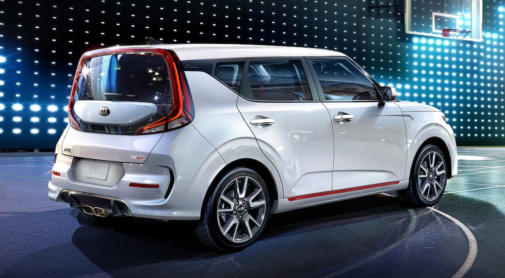 White 2020 Kia Soul parked on a basketball court