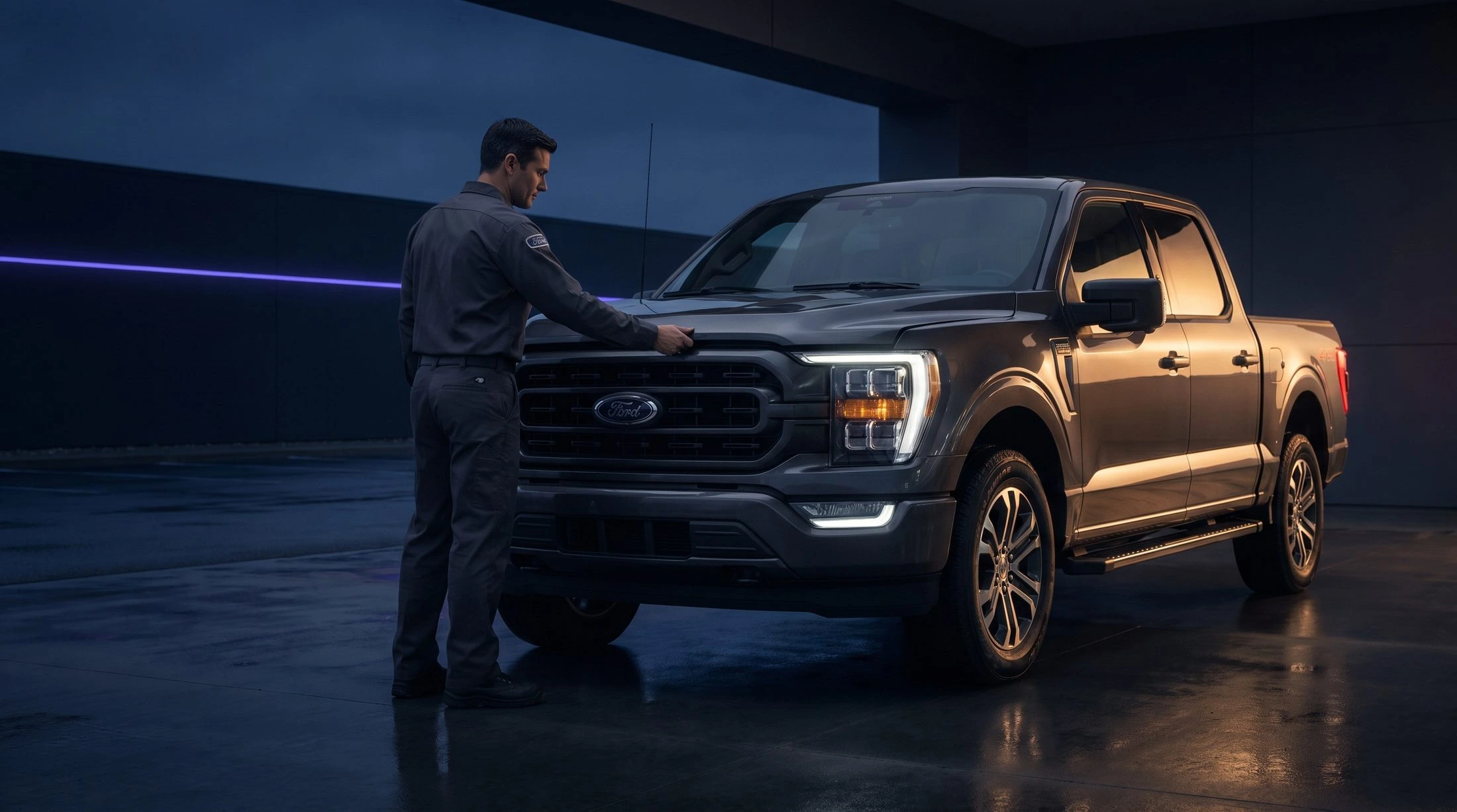 Technician closing the hood of a Ford F-150 on the Tom's Ford service drive in Keyport NJ at dusk