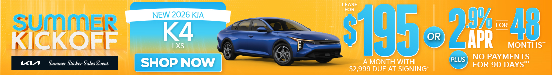 NEW 2026 Kia k4 LXS	"LEASE FOR $195/MO with $2,999 due at signing* OR 2.9% APR for 48 months** PLUS, NO PAYMENTS FOR 90 DAYS***"