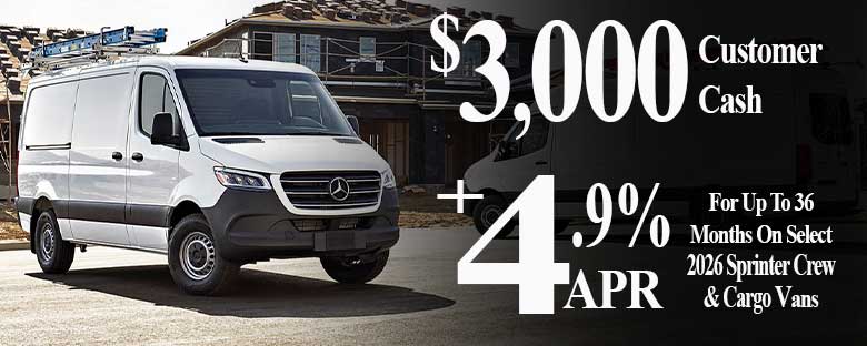 2026 Mercedes-Benz Sprinter Offer for June parked inside Tom Masano, Inc., a Mercedes-Benz dealer in Reading, PA