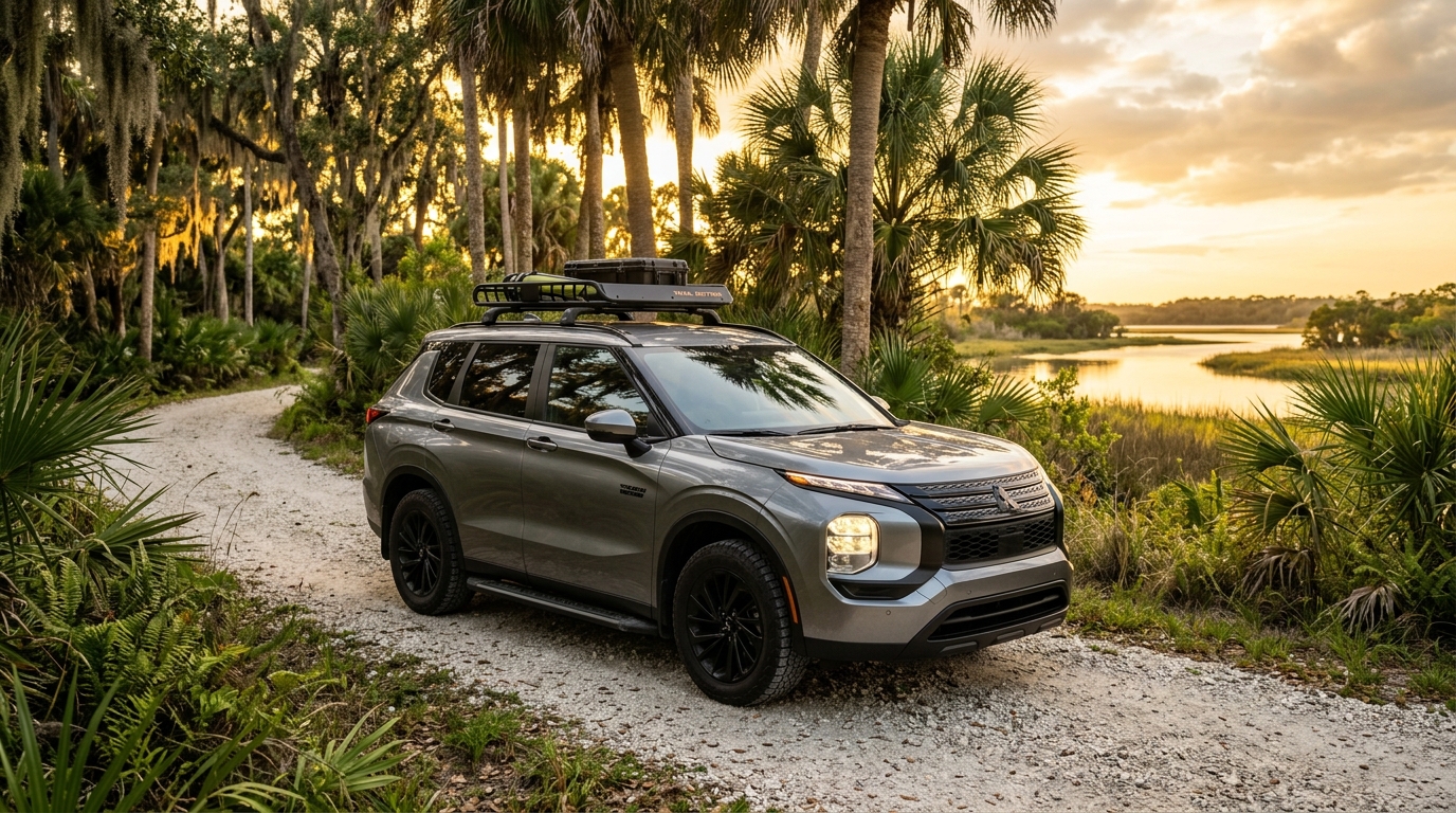 Silver SUV equipped with a roof rack parked on a gravel path near palm trees and a marsh at sunset. (Representative image for illustration purposes only. Actual vehicle may vary based on trim and configuration.)