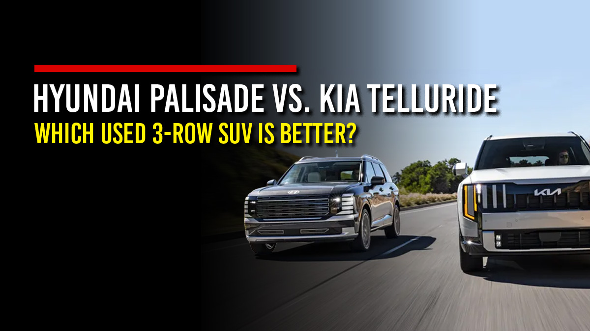 Black Hyundai Palisade and white Kia Telluride three-row SUVs driving side by side on a sunny highway, next to the headline “Hyundai Palisade vs. Kia Telluride: Which Used 3-Row SUV Is Better?”