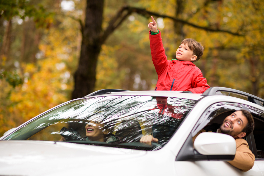 A family consisting of two adults and one kid are driving in a silver car, the mom and dad are in the front seat while the kid is in the backseat  with his body through the sunroof and his left arm pointing to the sky, in the background you can see fall orange trees