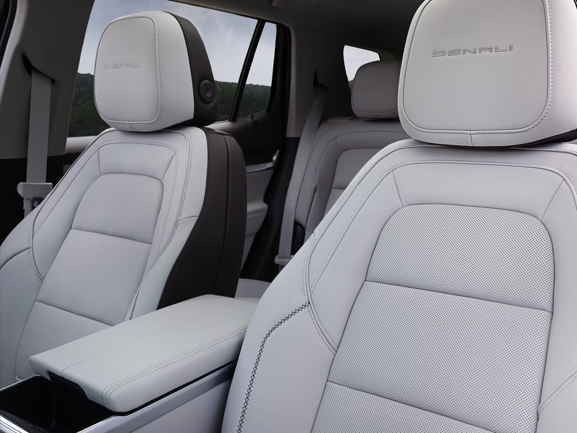 GMC Terrain Denali interior with light gray leather front seats
