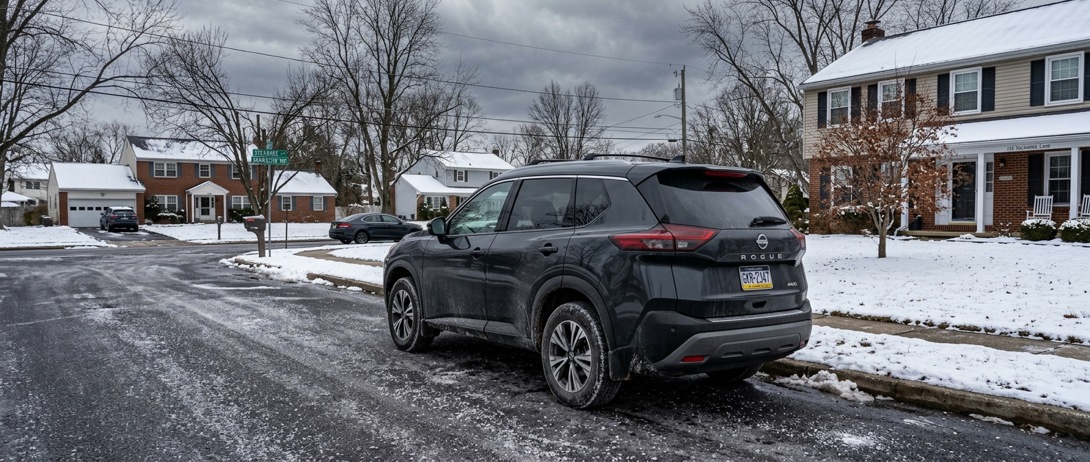2026 Nissan Rogue AWD parked on a salt-treated street in Warminster, PA on a cold winter morning
