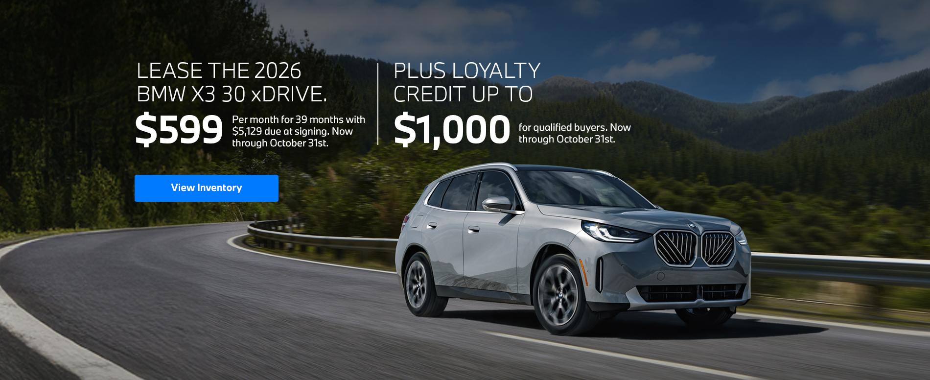 2026 X3 lease starting at $599 per month for 39 months