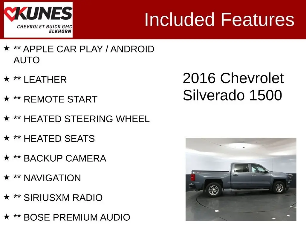 Used 2016 Chevrolet Silverado 1500 LTZ with VIN 3GCUKSEC4GG100148 for sale in Elkhorn, WI