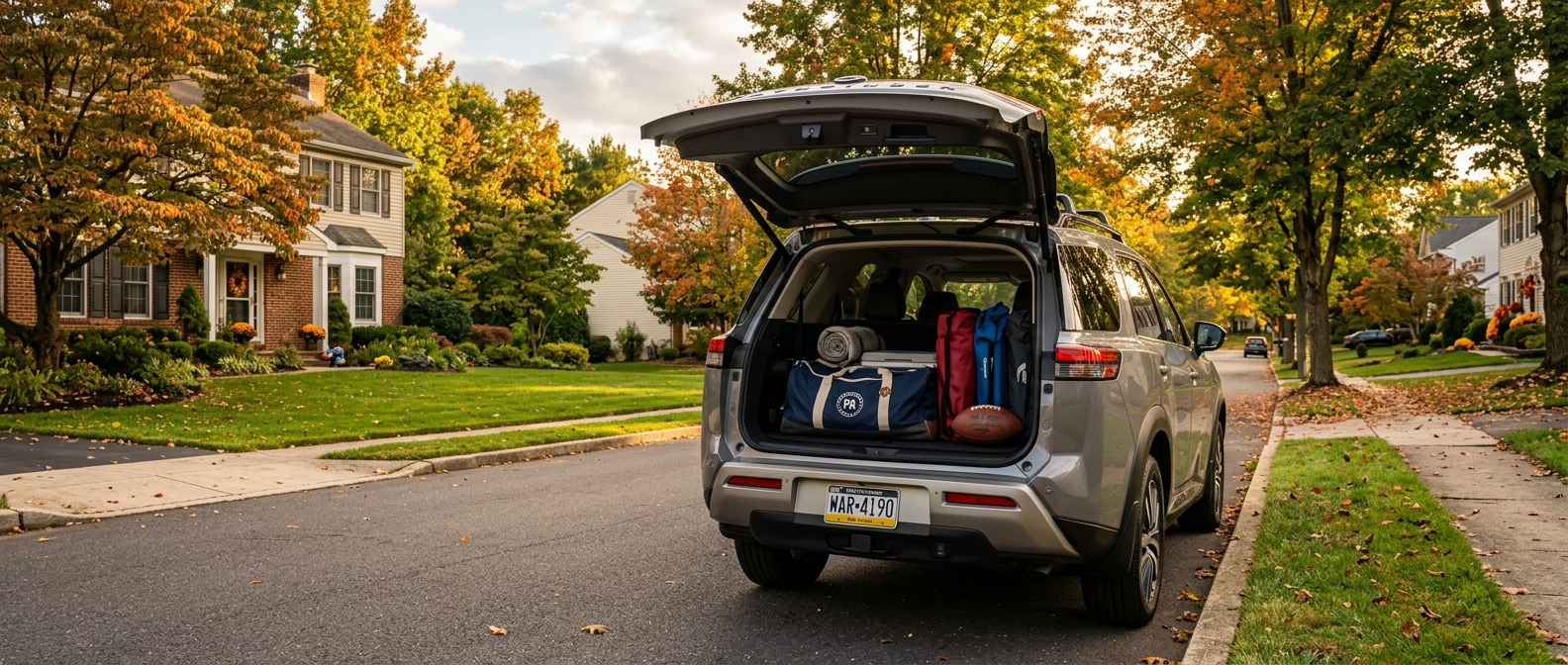 2026 Nissan Pathfinder with open cargo area loaded with football gear for a fall game day in Warminster PA