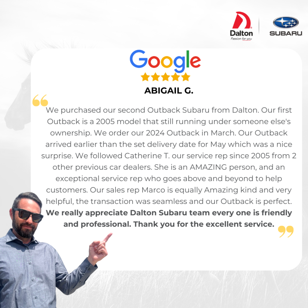 Five-star Google review from customer Abigail G. praising the Dalton Subaru sales and service team
