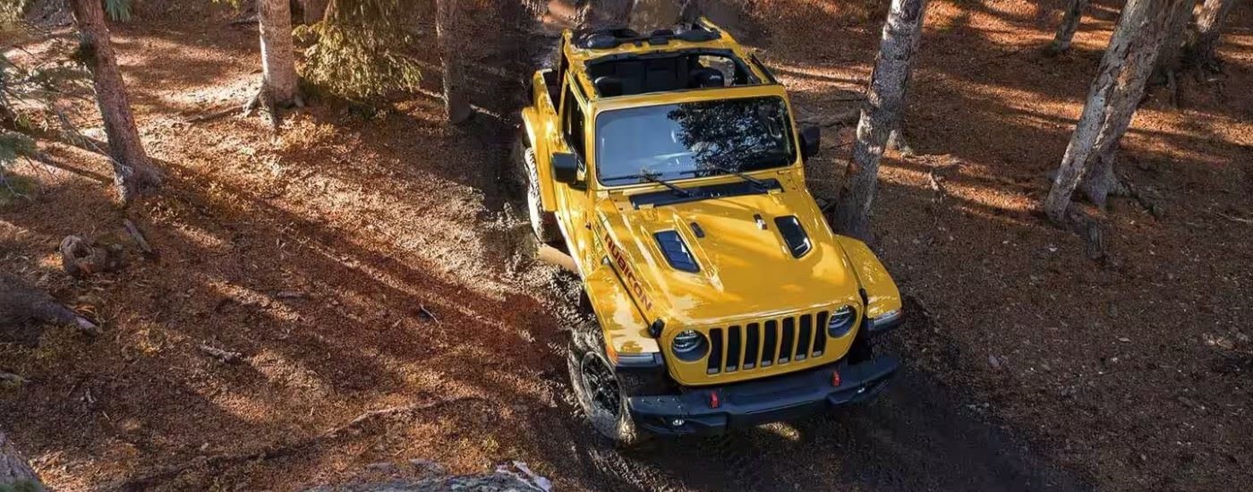 A yellow 2019 Jeep Wrangler Rubicon is shown from a high angle.