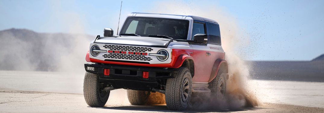 2025 Ford Bronco Stroppe Edition Front Kicking Up Dust in a Desert