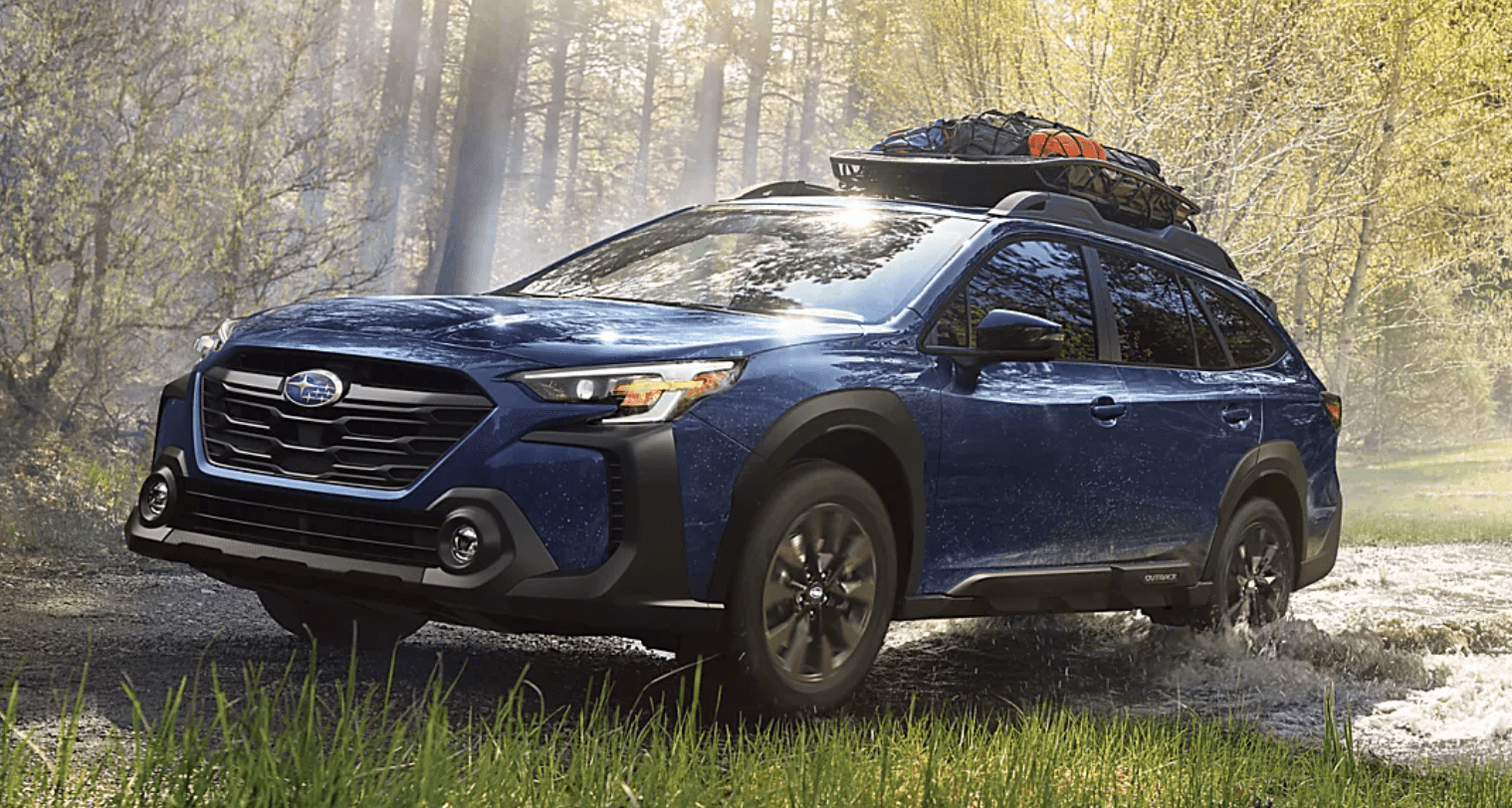 Blue Subaru Outback with roof gear in a forest