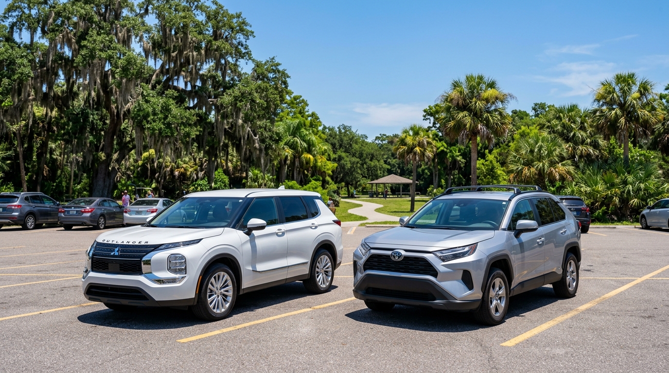 White Mitsubishi Outlander and silver Toyota RAV4 parked side-by-side in a sunny lot.