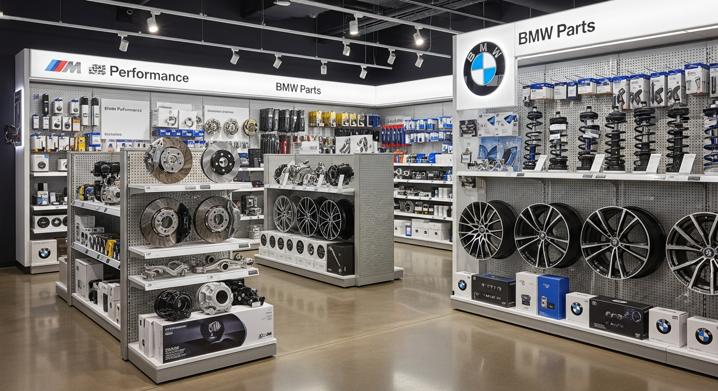 BMW service and parts area with technician and tool cabinets.