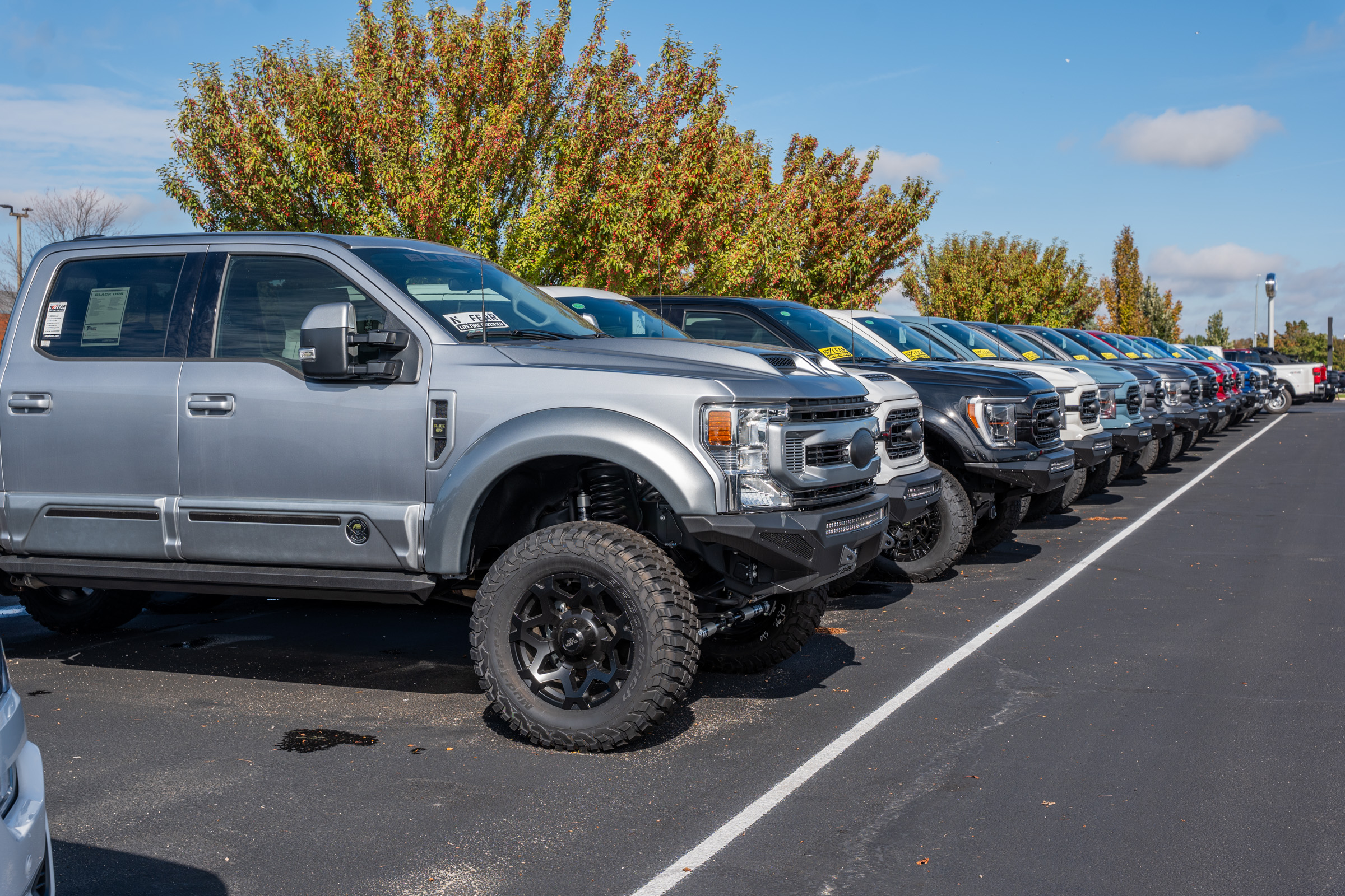 Ford pickup trucks upfitted with Black Ops packages, parked in a line on a lot