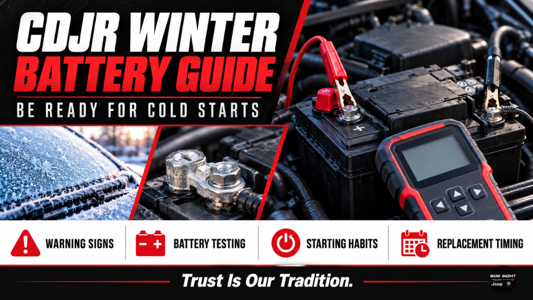 Kansas winter car battery guide covering warning signs, testing, and replacement for Chrysler, Dodge, Jeep, and Ram owners in Lawrence, KS
