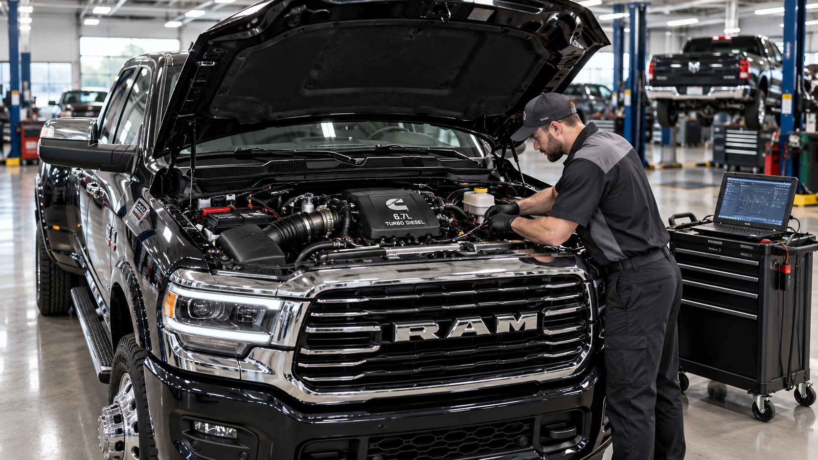 Technician servicing a 6.7L Cummins Turbo Diesel engine in a RAM heavy-duty truck at Bonham Chrysler in Bonham, TX