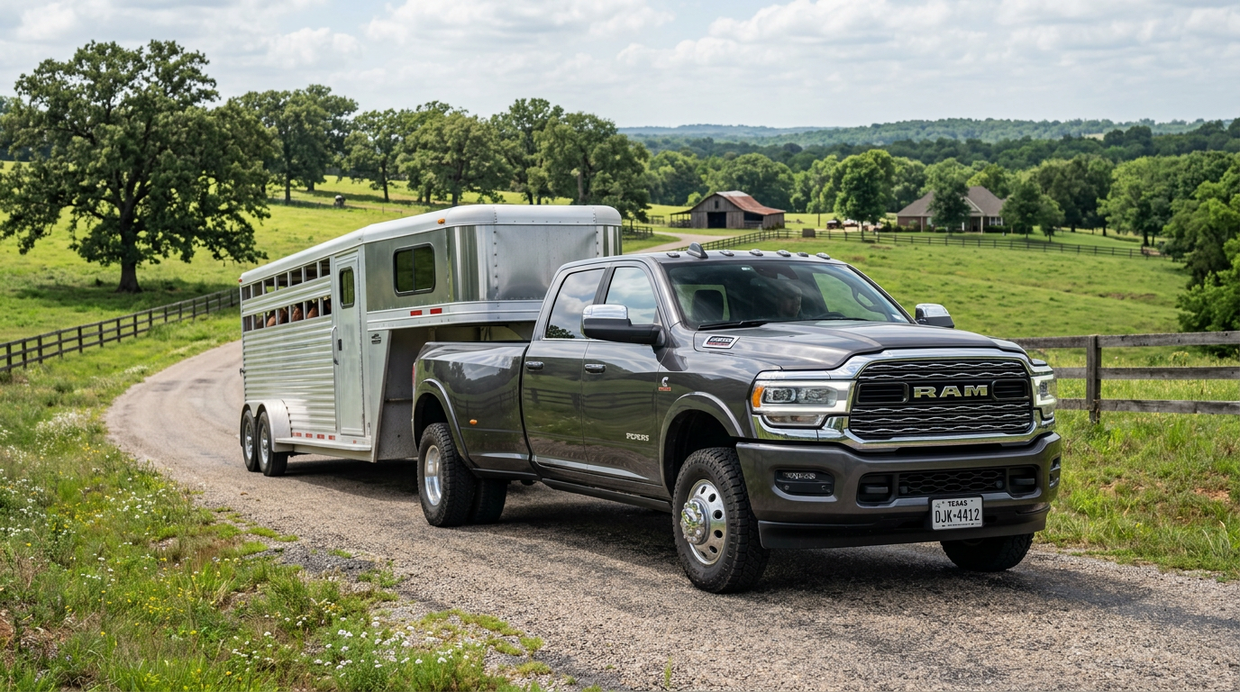 Ram 3500 towing a trailer near a job site