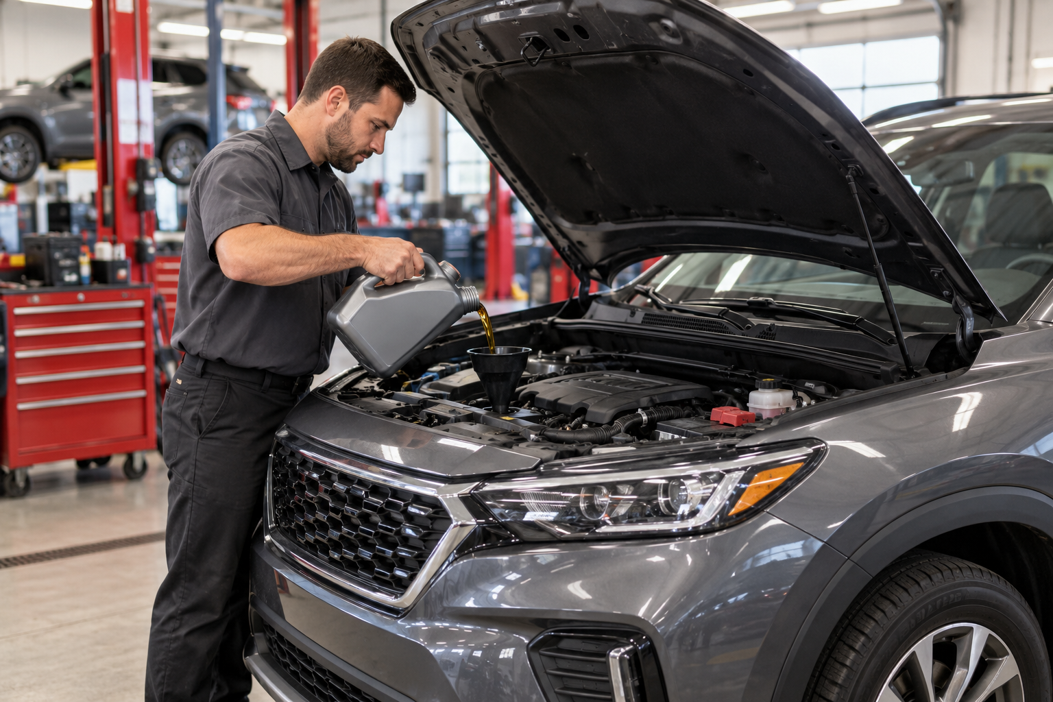 Illustration of a technician adding engine oil during SUV maintenance.
